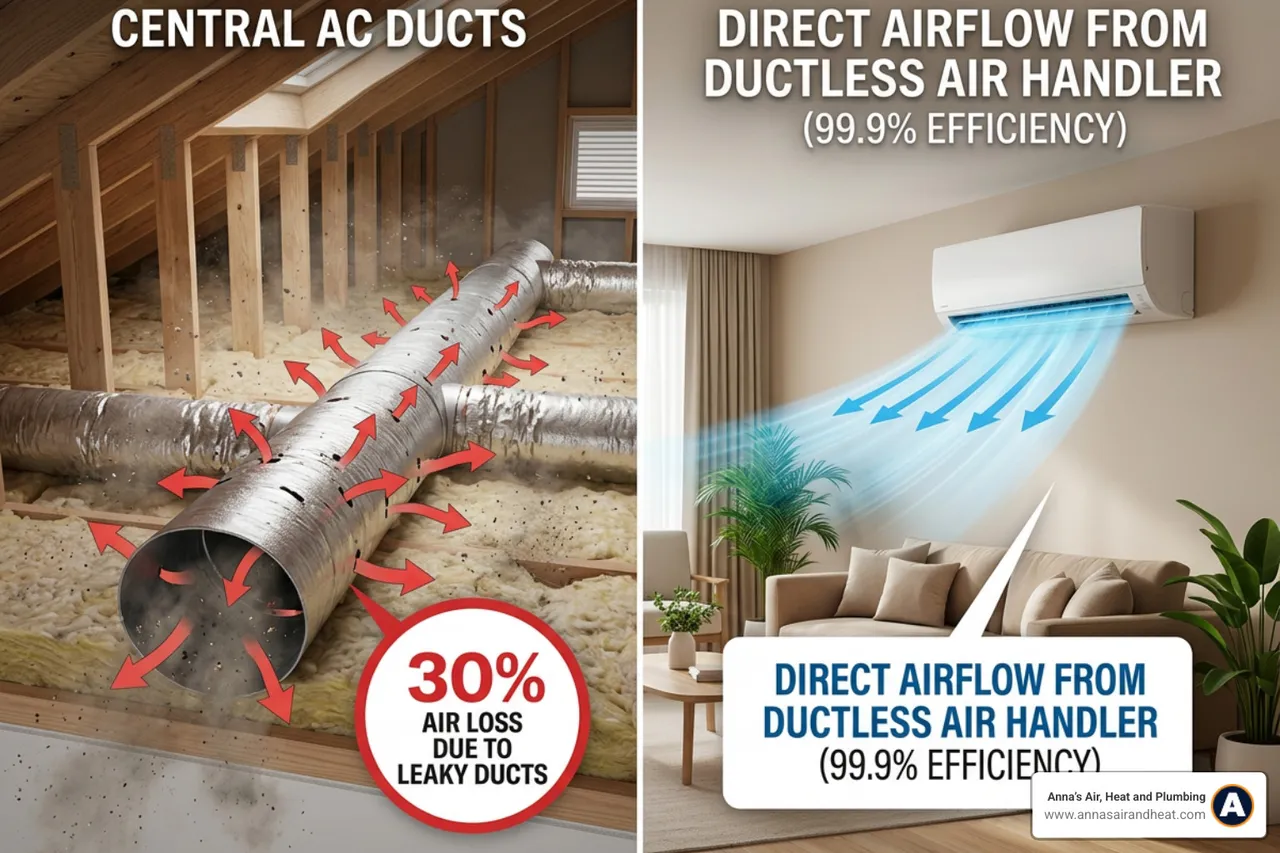 Graphic showing air loss in central AC ducts versus direct airflow from a ductless air handler - best ductless mini-split