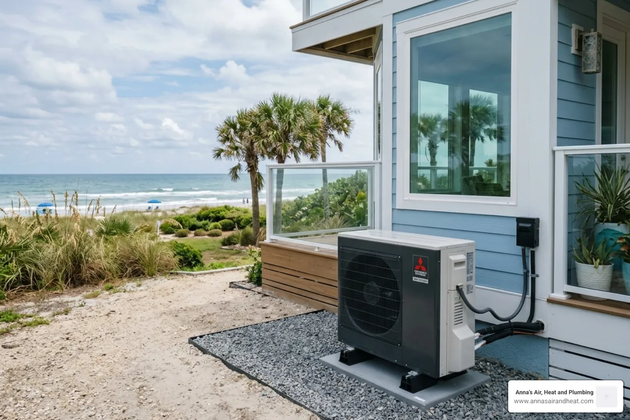 modern outdoor condenser unit located near a beachside home on the Space Coast - central air vs mini split for the space