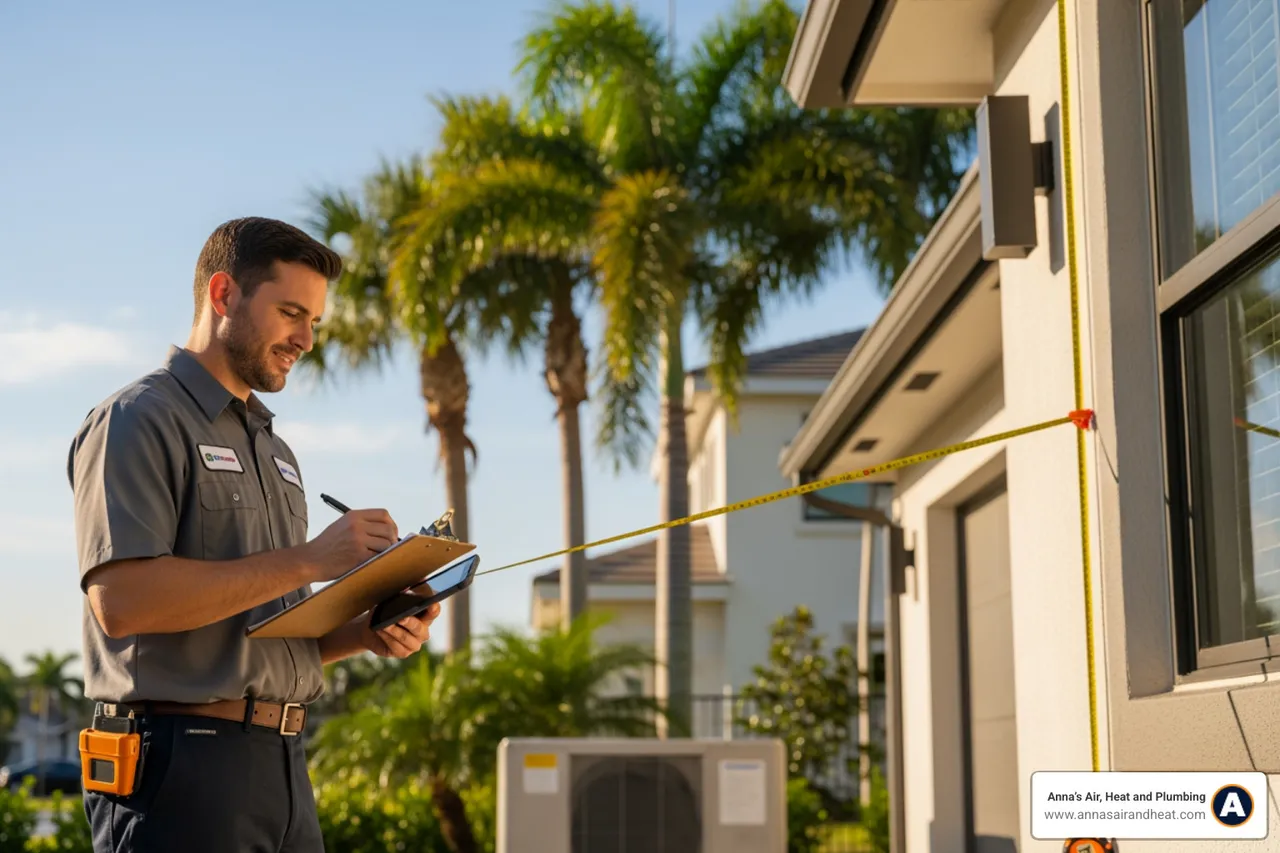 Certified HVAC technician performing a load calculation and measuring a home for a new AC installation - ac installation in Certified HVAC technician performing a load calculation and measuring a home for a new AC installation - ac installation in